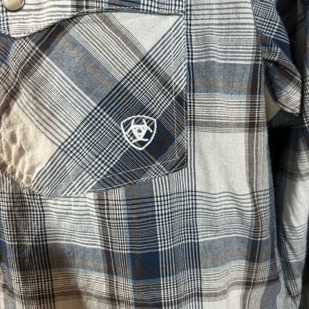 Ariat Retro Fit Shirt Mens Large Blue Brown Plaid Western Pearl Snap Rodeo - Picture 3 of 7